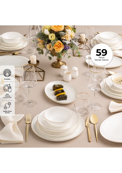 Galia Fine Bone 59 Parça 12 Kişilik Porselen Yuvarlak Yemek Takımı Beyaz Altın Kenarlı fiyatları