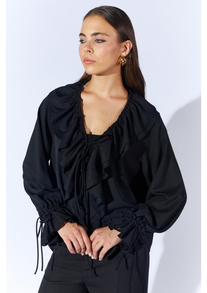 Kadın Siyah TN023 Önü Fırfırlı Kolları Bağlamalı Şifon Buluz fırsatları