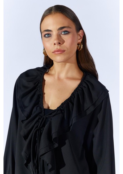 Kadın Siyah TN023 Önü Fırfırlı Kolları Bağlamalı Şifon Buluz indirimleri