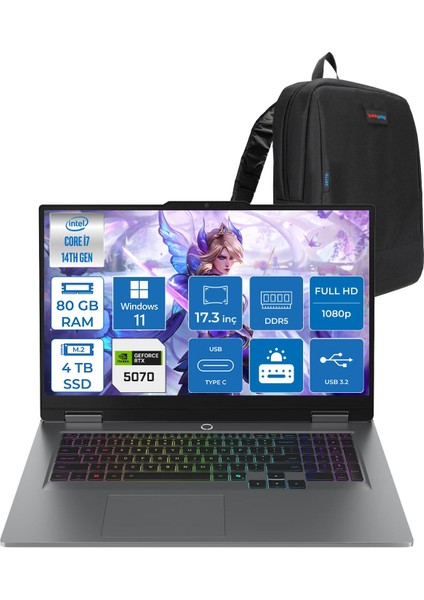 Loq 17IRX10 Intel Core I7 14700HX 80GB Ddr5 4tb SSD RTX5070 8gb 115W Windows 11 Home 17 Inç Fhd (1920X1080) IPS 300NITS 165HZ 100% Srgb Taşınabilir Bilgisayar W83JH006HTRH40 + Zetta Çanta