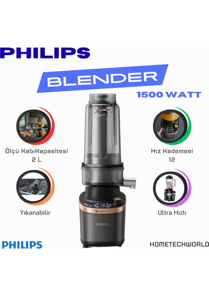 Katı Meyve Özellikli Sürahi Blender HR3770/00 Flip And Juice Katı Meyve Özellikli Sürahi Blender, 1500 W, Problend Ultra Teknolojisi, Homeıd Uygulaması