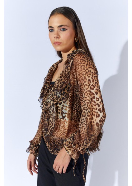 Kadın Leopar TN024 Önü Fırfırlı Kolları Bağlamalı Şifon Buluz fırsatları