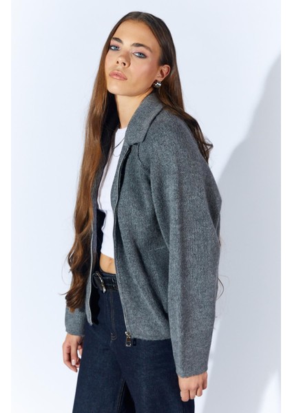 Kadın Antrasit Yakası Dışardan Cepli Fermuarlı Salaş Hırka fırsatları