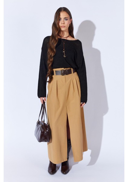 Kadın Camel Önden Yırtmaçlı Uzun Kemerli Etek