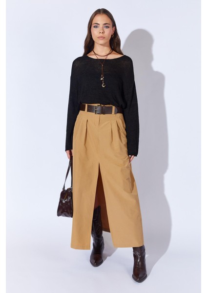 Kadın Camel Önden Yırtmaçlı Uzun Kemerli Etek fiyatları