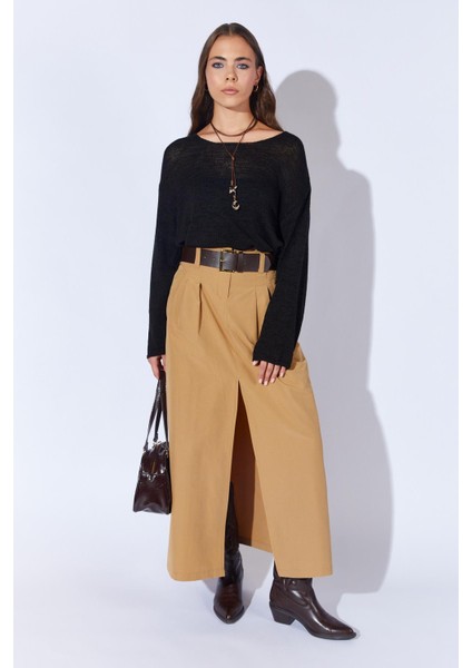 Kadın Camel Önden Yırtmaçlı Uzun Kemerli Etek modelleri