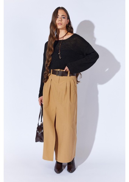 Kadın Camel Önden Yırtmaçlı Uzun Kemerli Etek fırsatları