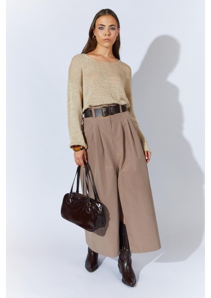 Kadın Vizon Önden Yırtmaçlı Uzun Kemerli Etek