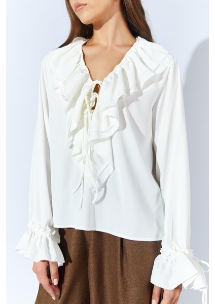 Kadın Ekru TN023 Önü Fırfırlı Kolları Bağlamalı Şifon Buluz fırsatları