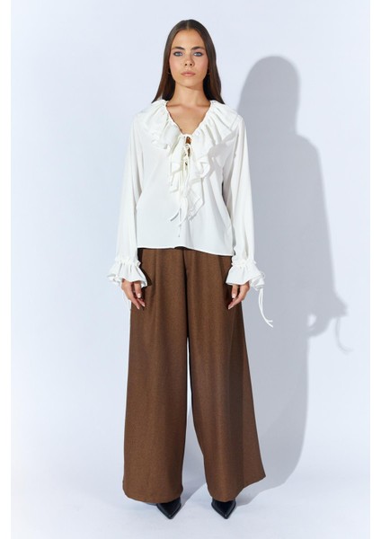 Kadın Ekru TN023 Önü Fırfırlı Kolları Bağlamalı Şifon Buluz indirimleri