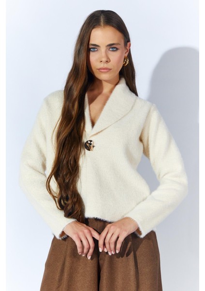 Kadın Ekru 8949 Gömlek Yaka Gold Düğmeli̇ Sakal Hirka