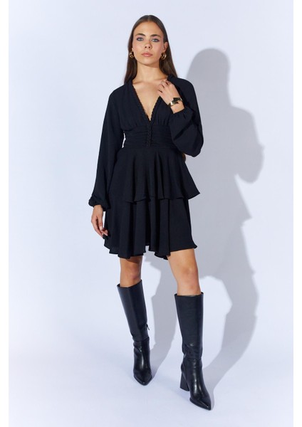 Kadın Siyah 5633 V Yaka Örgü Detaylı Katlı Elbise