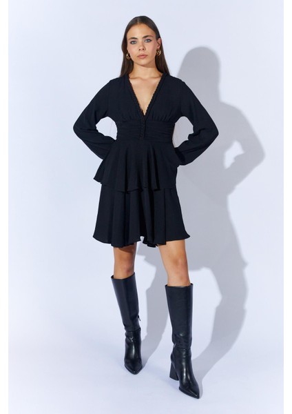 Kadın Siyah 5633 V Yaka Örgü Detaylı Katlı Elbise fiyatları