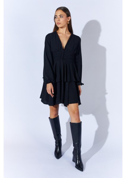 Kadın Siyah 5633 V Yaka Örgü Detaylı Katlı Elbise modelleri