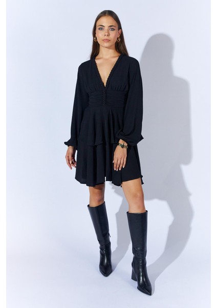 Kadın Siyah 5633 V Yaka Örgü Detaylı Katlı Elbise fırsatları