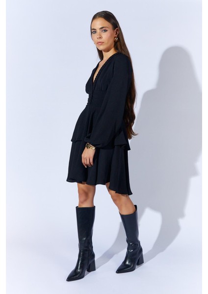 Kadın Siyah 5633 V Yaka Örgü Detaylı Katlı Elbise indirimleri