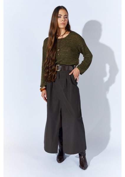 Kadın Kahve Önden Yırtmaçlı Uzun Kemerli Etek