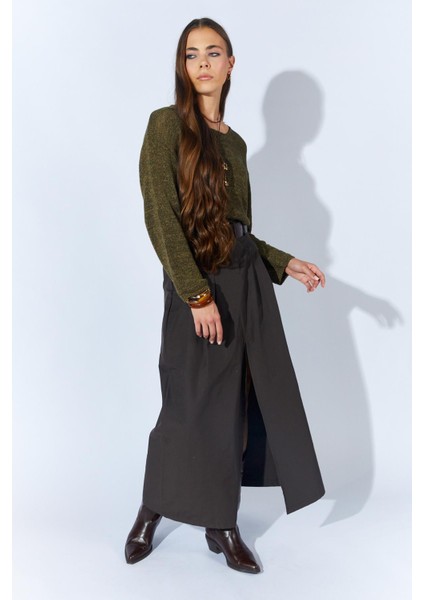 Kadın Kahve Önden Yırtmaçlı Uzun Kemerli Etek modelleri