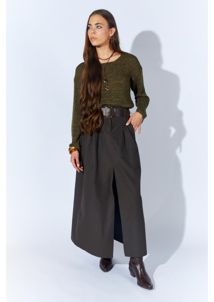 Kadın Kahve Önden Yırtmaçlı Uzun Kemerli Etek fırsatları