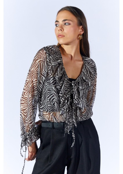 Kadın Zebra Desen TN024 Önü Fırfırlı Kolları Bağlamalı Şifon Buluz modelleri