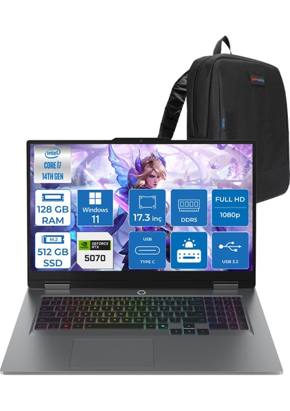Loq 17IRX10 Intel Core I7 14700HX 128GB Ddr5 512GB SSD RTX5070 8gb 115W Windows 11 Home 17 Inç Fhd (1920X1080) IPS 300NITS 165HZ 100% Srgb Taşınabilir Bilgisayar W83JH006HTRH43 + Zetta Çanta