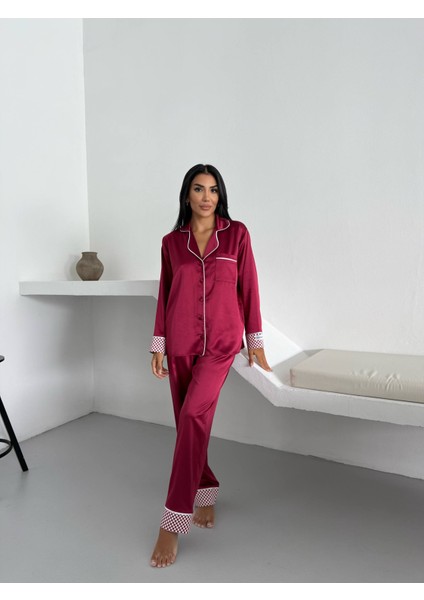Bordo İpek Saten Uzun Pijama Takımı fiyatları