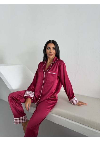 Bordo İpek Saten Uzun Pijama Takımı fırsatları