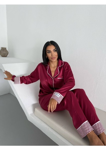 Bordo İpek Saten Uzun Pijama Takımı indirimleri