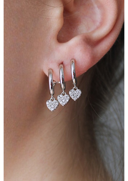 Vip Çelik Üçlü Görünümlü Kalp Detaylı Taş Işlemeli Halka Küpe