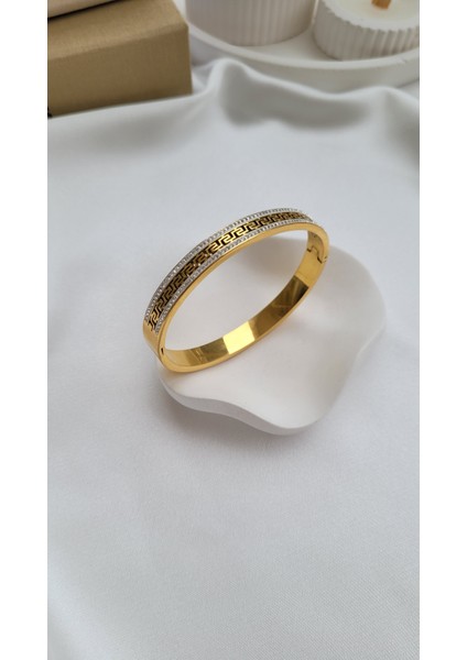 Gold Zarif Işlemeli Zirkon Taşlı Kelepçe