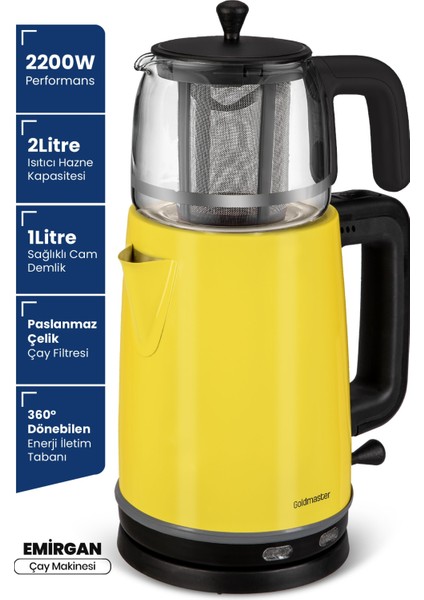 2200W Paslanmaz Çelik Çay Makinesi ve Su Isıtıcı, Cam Demlikli, Sarı