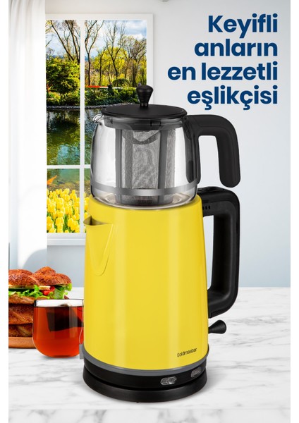 2200W Paslanmaz Çelik Çay Makinesi ve Su Isıtıcı, Cam Demlikli, Sarı