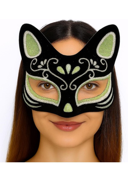 Siyah Renk Süet Kaplama Üzeri Gümüş Yeşil Simli Kedi Maskesi 17X14 cm - Lisinya