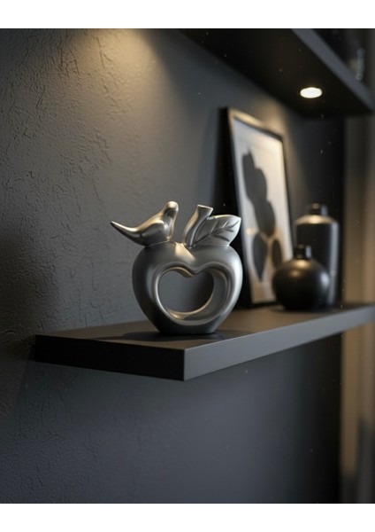 Gümüş Renk Dekoratif Kuşlu Elma Biblo – Modern Minimalist Ev ve Ofis Süs Eşyası 11X10 cm