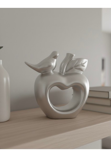 Gümüş Renk Dekoratif Kuşlu Elma Biblo – Modern Minimalist Ev ve Ofis Süs Eşyası 11X10 cm fiyatları
