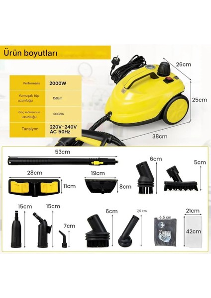 Çok Fonksiyonlu Buharlı Temizlik Makinesi, Güçlü ve Kullanışlı, Renkli Sarı