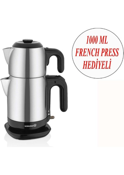 Elektrikli Çaycı ve Cam French Press, 1000 Ml, Şık Gri Renkli Tasarım