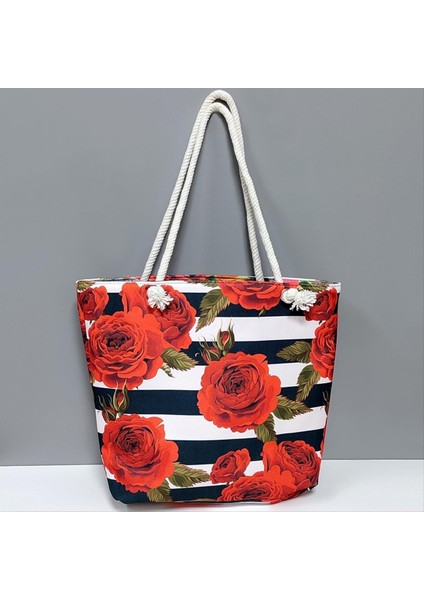 Allzey Gül Desenli Plaj Çantası-Kırmızı fiyatları