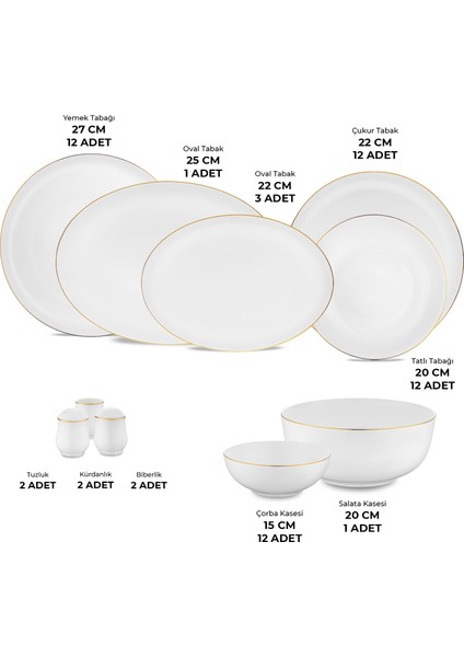 Galia Fine Bone 59 Parça 12 Kişilik Porselen Yuvarlak Yemek Takımı Beyaz Altın Kenarlı