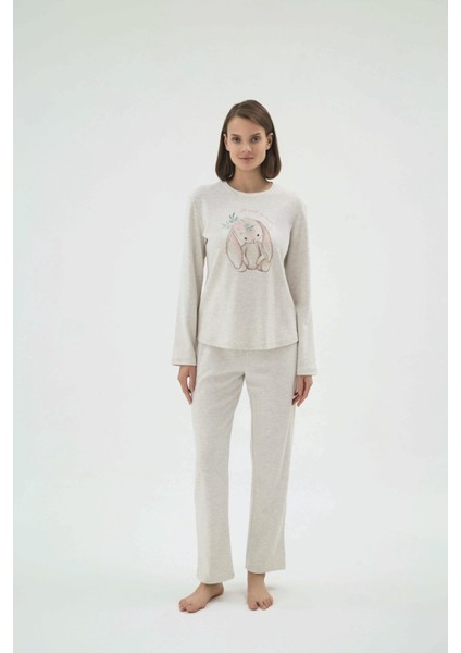 Kadın Bej Melanj Uzun Kollu Bisiklet Yaka Baskılı Pijama Takımı C0T2N271