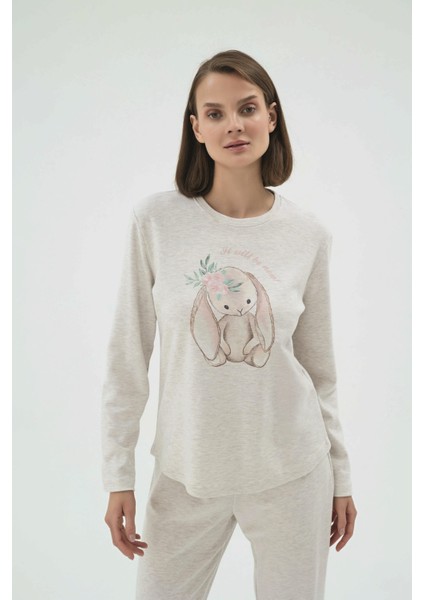 Kadın Bej Melanj Uzun Kollu Bisiklet Yaka Baskılı Pijama Takımı C0T2N271 modelleri