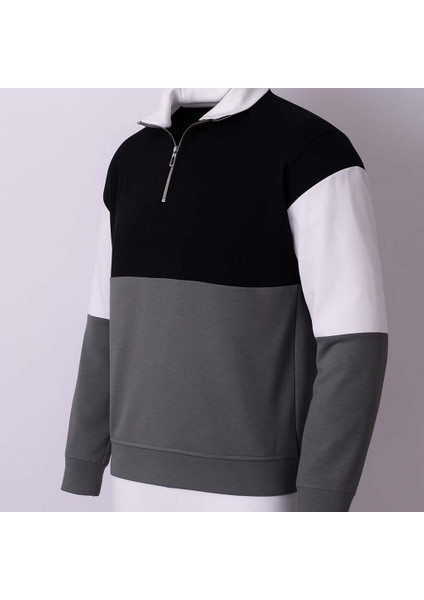 Yarım Fermuarlı Parçalı 3 Iplik Şardonlu Açık Haki Erkek Sweatshirt 5719 fiyatları