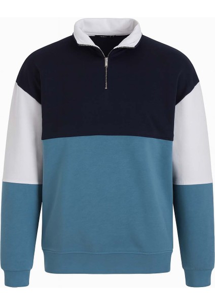 Yarım Fermuarlı Parçalı 3 Iplik Şardonlu Mavi Erkek Sweatshirt 5719