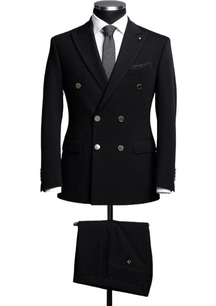 Erkek Kruvaze Spor Takım Elbise Siyah