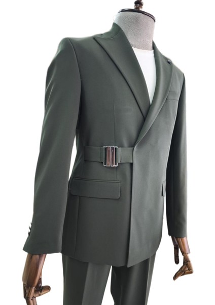 Italyan Stil Slim Fit Tokalı Kruvaze Erkek Takım Elbise Yeşil