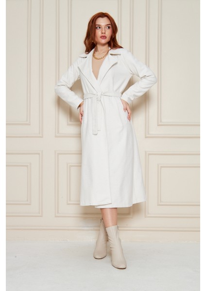 Kadın Astarsız Kuşak Basic Bol Beyaz Uzun Kaşe Kaban fiyatları