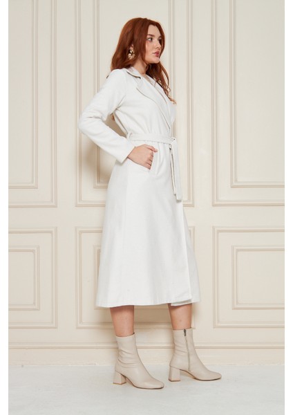 Kadın Astarsız Kuşak Basic Bol Beyaz Uzun Kaşe Kaban fırsatları