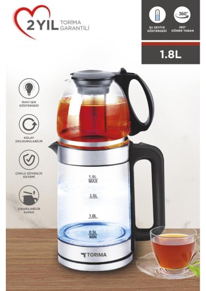 Cam Çay Makinesi Kettle Ledli 1500W 1.8l Su Isıtıcı Bej Renk