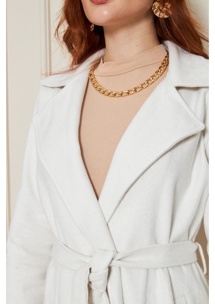 Kadın Astarsız Kuşak Basic Bol Beyaz Uzun Kaşe Kaban indirimleri