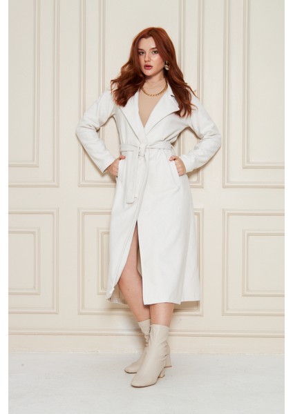 Kadın Astarsız Kuşak Basic Bol Beyaz Uzun Kaşe Kaban